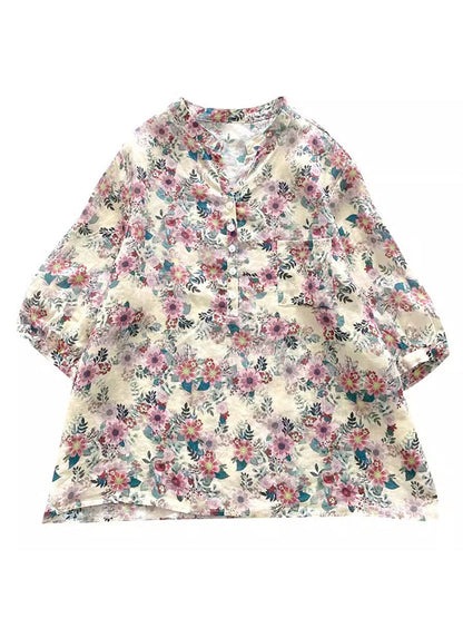 Chemise d'été à col en V en ramie à fleurs artistiques pour femmes AS1031