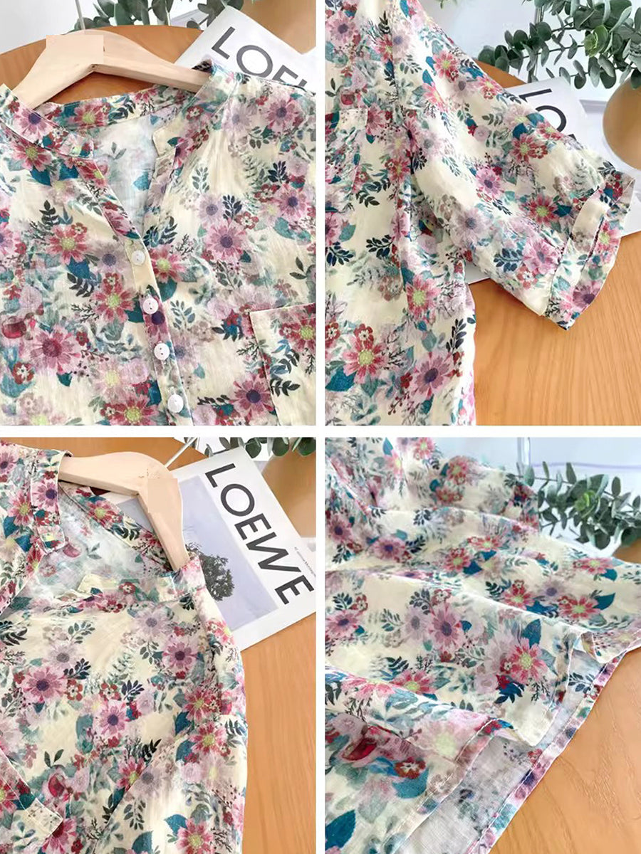 Damen Sommer Artsy Flower Ramie V-Ausschnitt Shirt AS1031