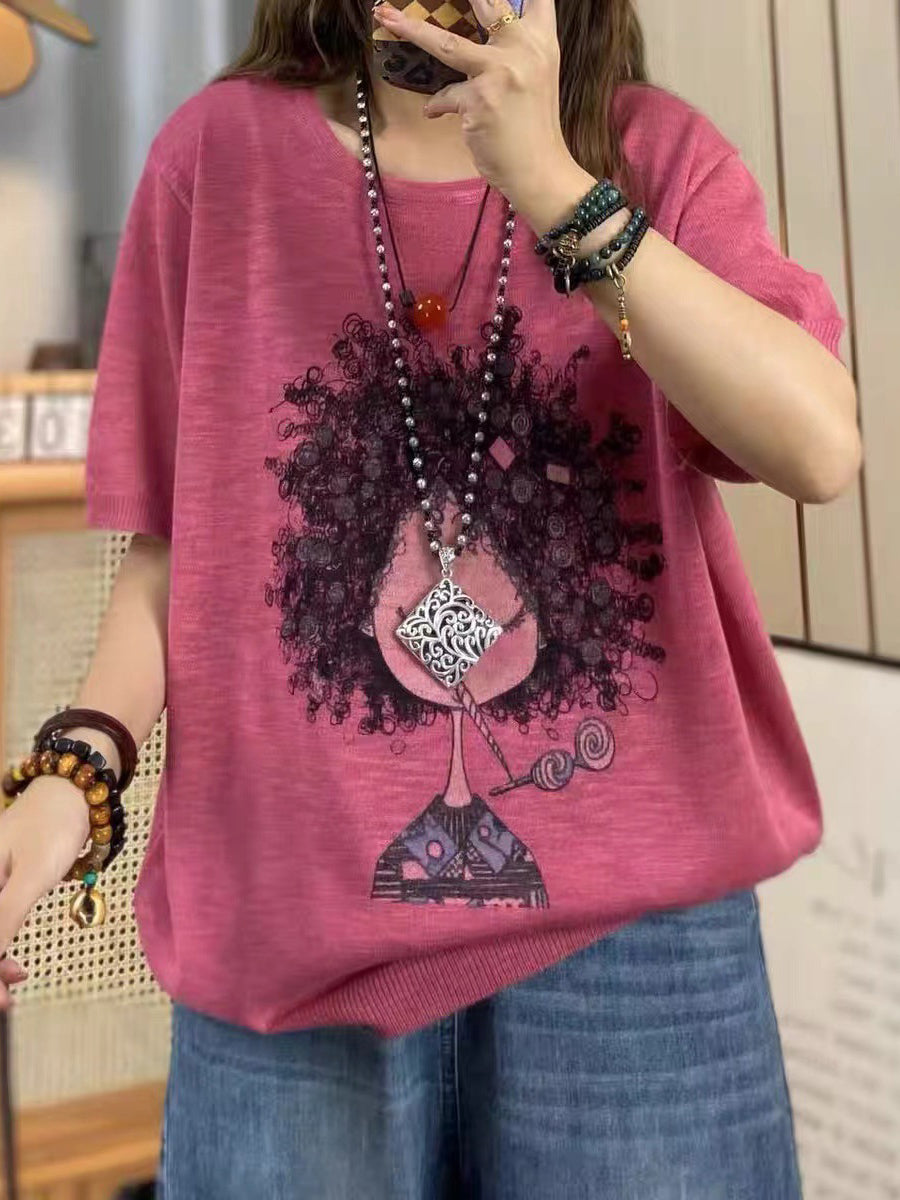 Women Summer Casual Print Knitted O-Neck Shirt AS1008