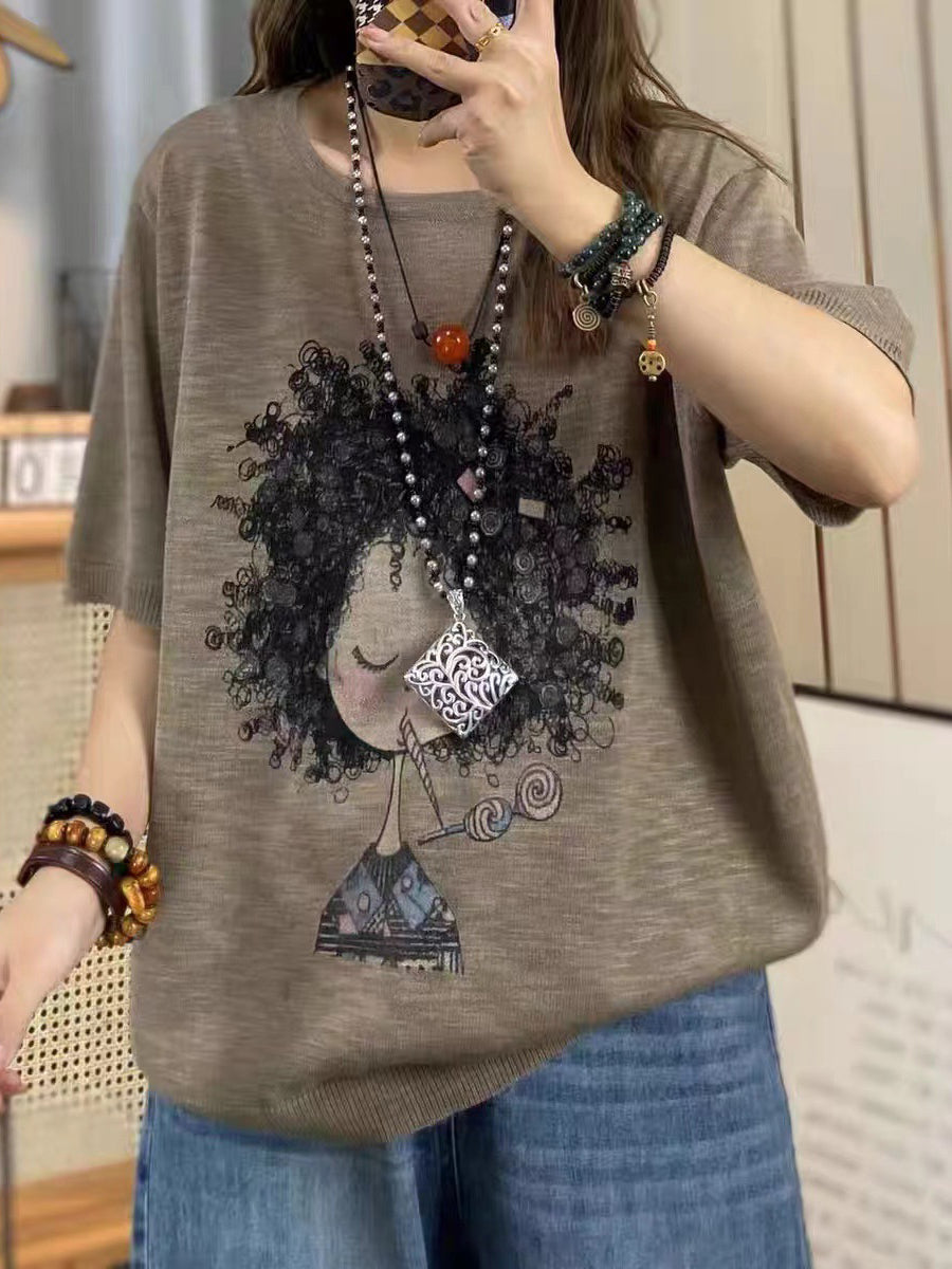 Women Summer Casual Print Knitted O-Neck Shirt AS1008