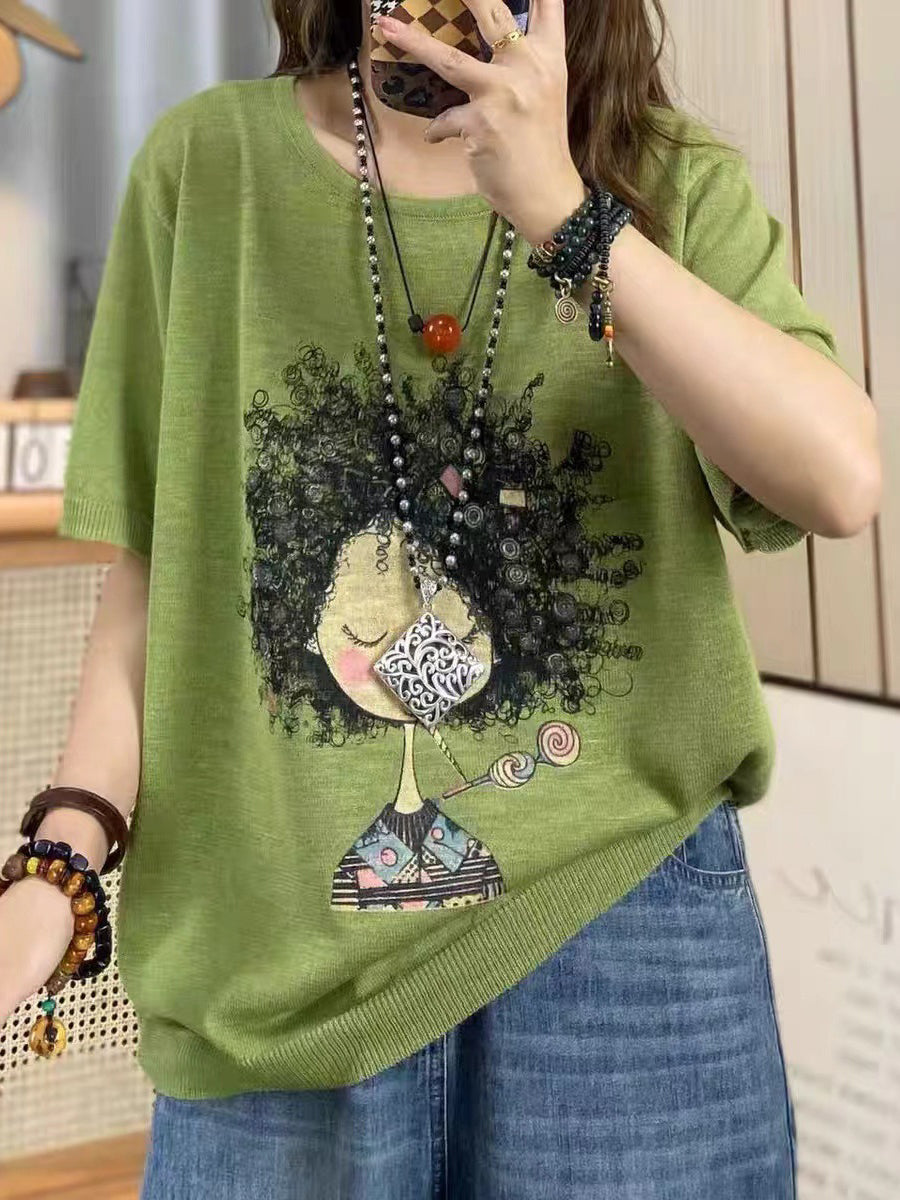 Women Summer Casual Print Knitted O-Neck Shirt AS1008