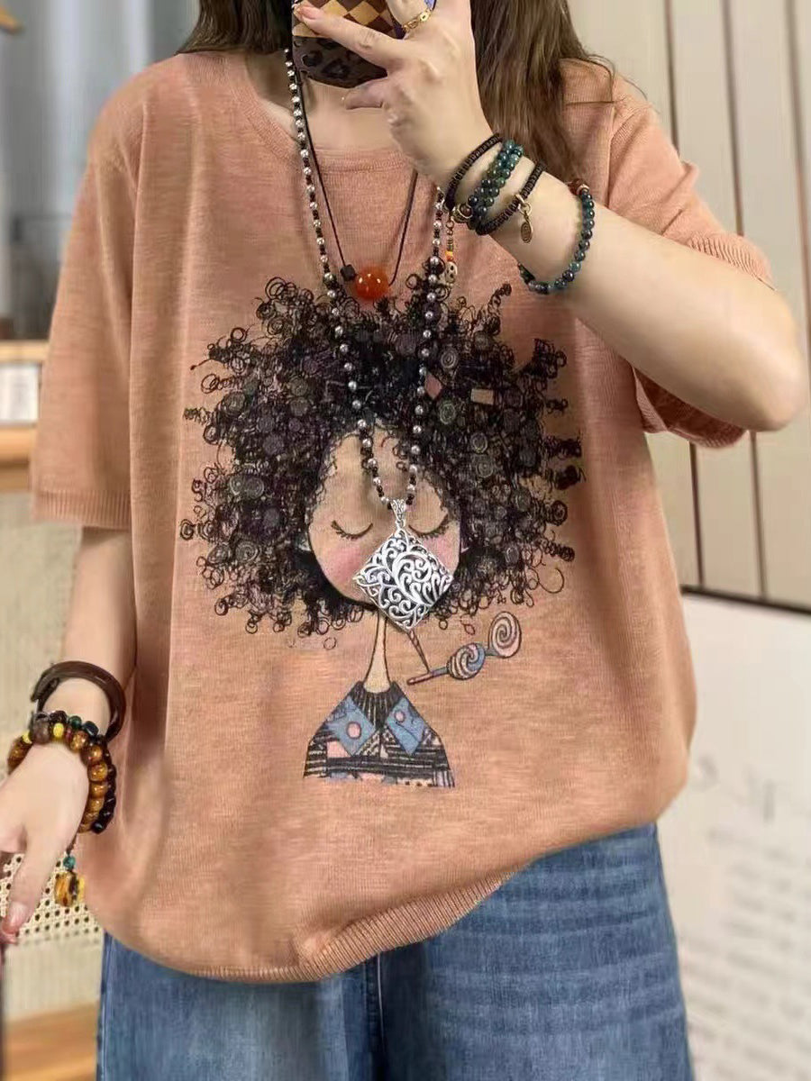 Women Summer Casual Print Knitted O-Neck Shirt AS1008