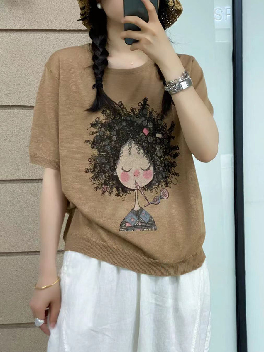 Women Summer Casual Print Knitted O-Neck Shirt AS1008