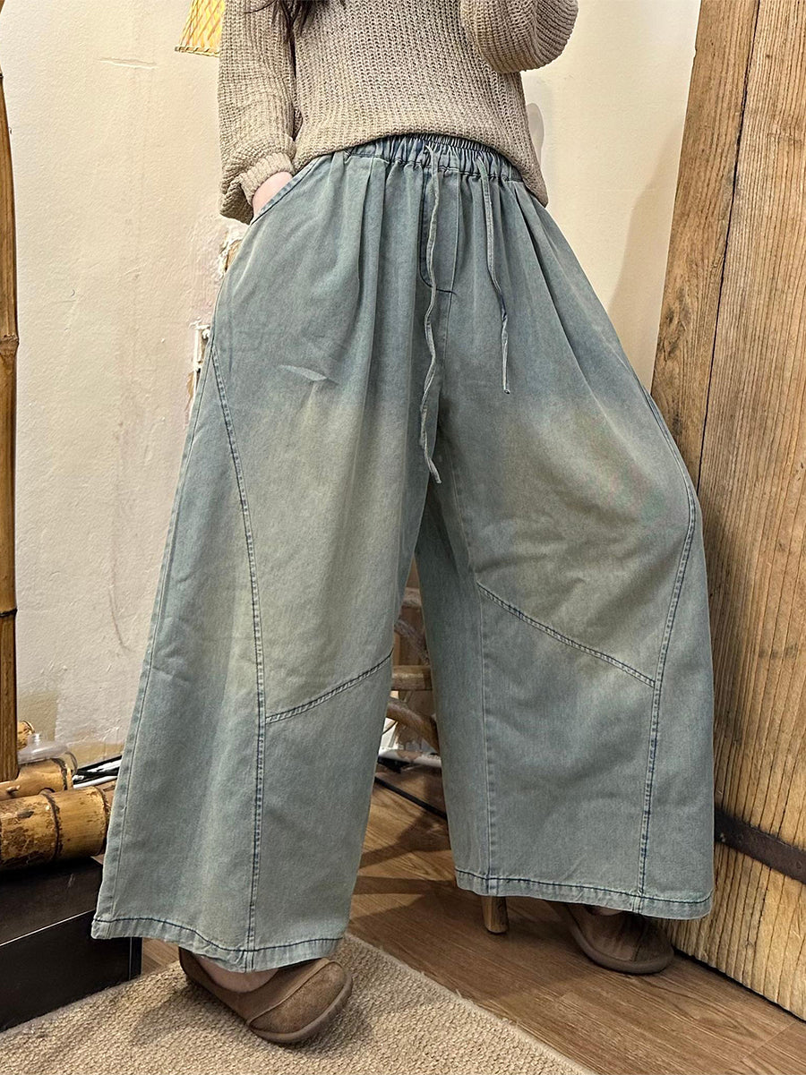 Women Summer Retro Spliced Denim Wide-leg Pants AS1002