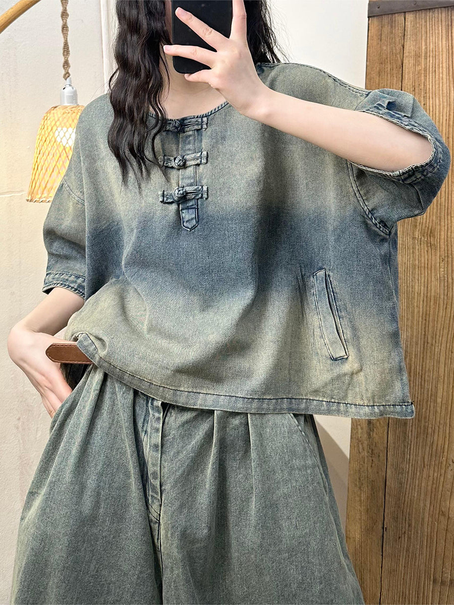 Women Summer Vintage Washed Denim Shirt AS1003