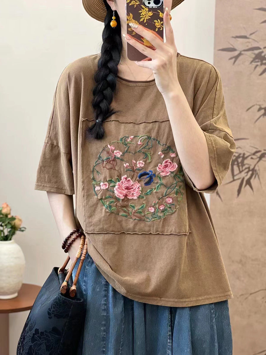 Women Summer Artsy Flower Embroidery Cotton Spliced Shirt AS1005