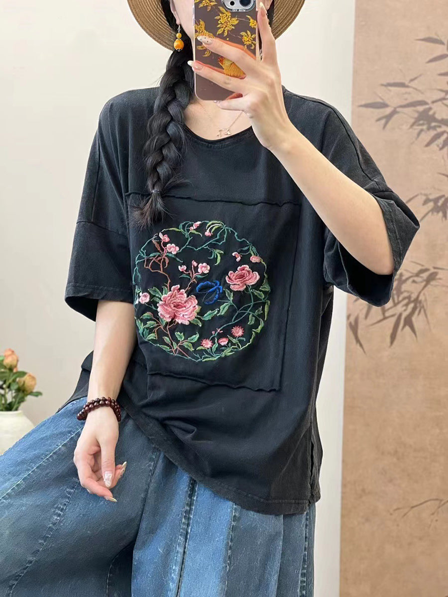 Women Summer Artsy Flower Embroidery Cotton Spliced Shirt AS1005