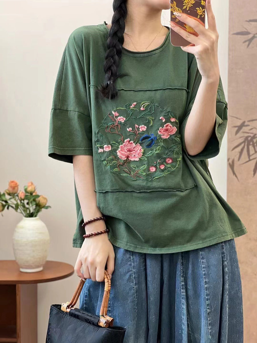 Women Summer Artsy Flower Embroidery Cotton Spliced Shirt AS1005