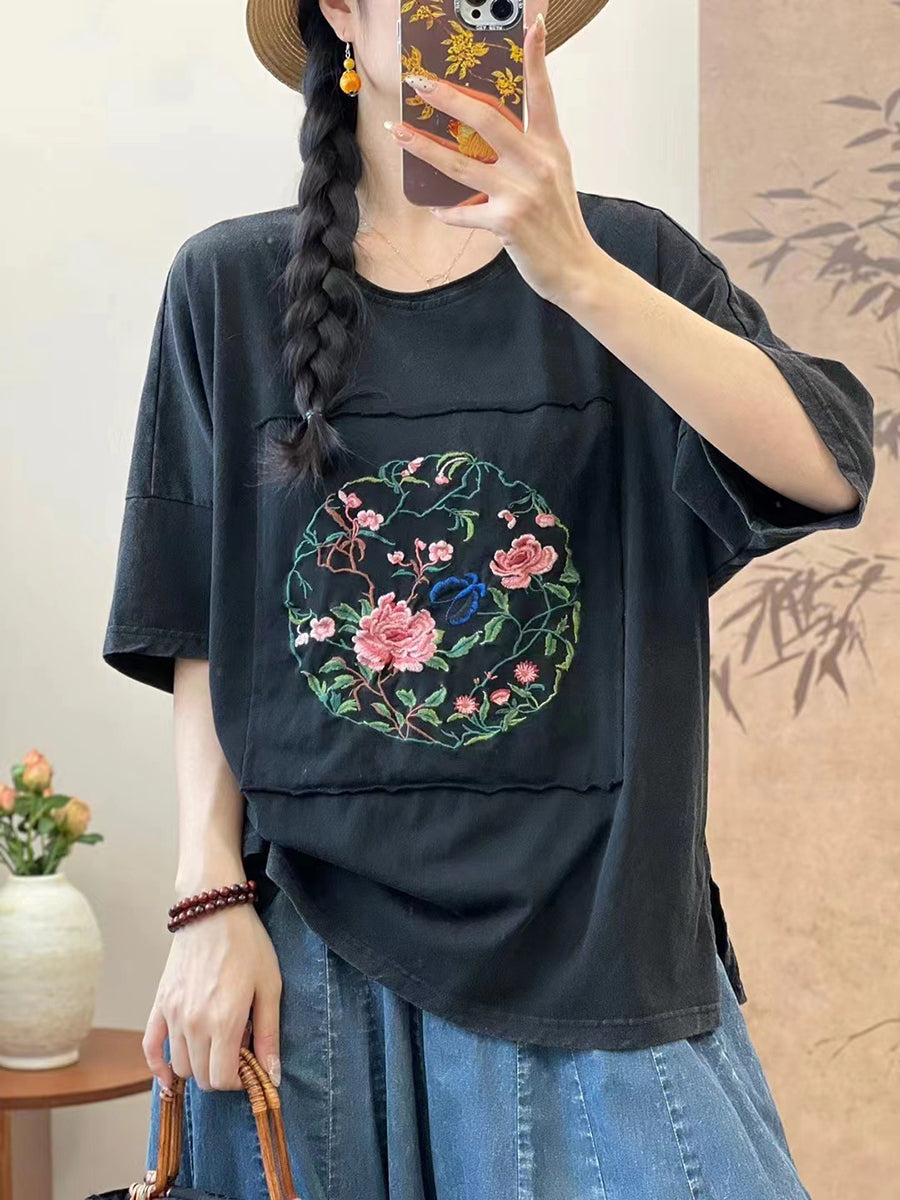 Women Summer Artsy Flower Embroidery Cotton Spliced Shirt AS1005