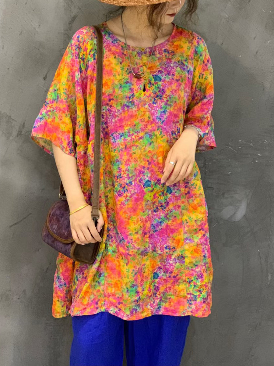 Women Summer Artsy Flower Ramie Short Shirt Dress AS1024