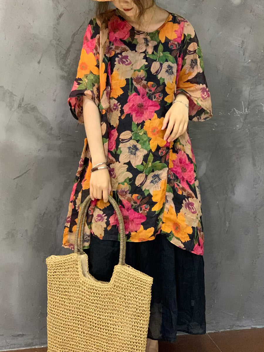 Women Summer Artsy Flower Ramie Short Shirt Dress AS1024