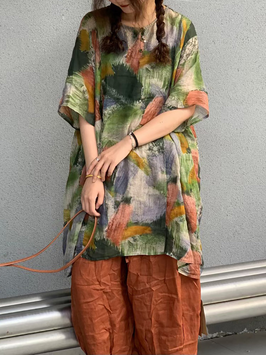 Women Summer Artsy Flower Ramie Short Shirt Dress AS1024