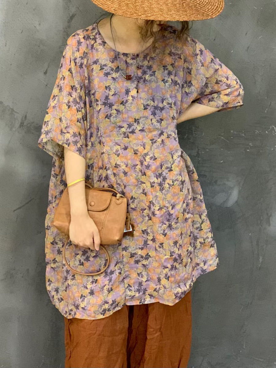 Women Summer Artsy Flower Ramie Short Shirt Dress AS1024