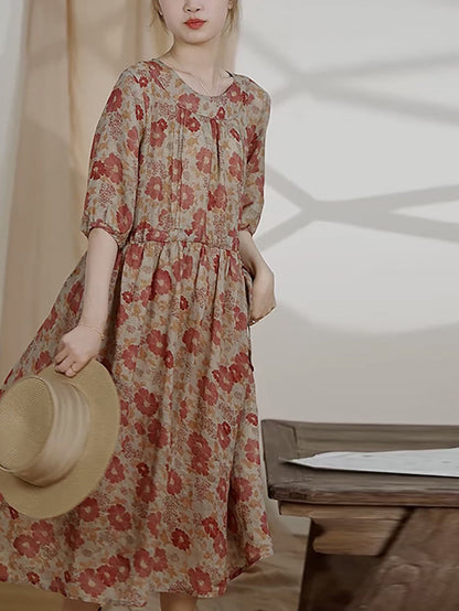 Robe d'été vintage en ramie à fleurs pour femmes AS1034