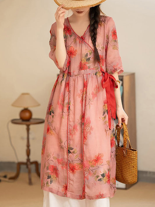 Women Summer Vintage Flower Strap V-Neck Ramie Dress AS1035