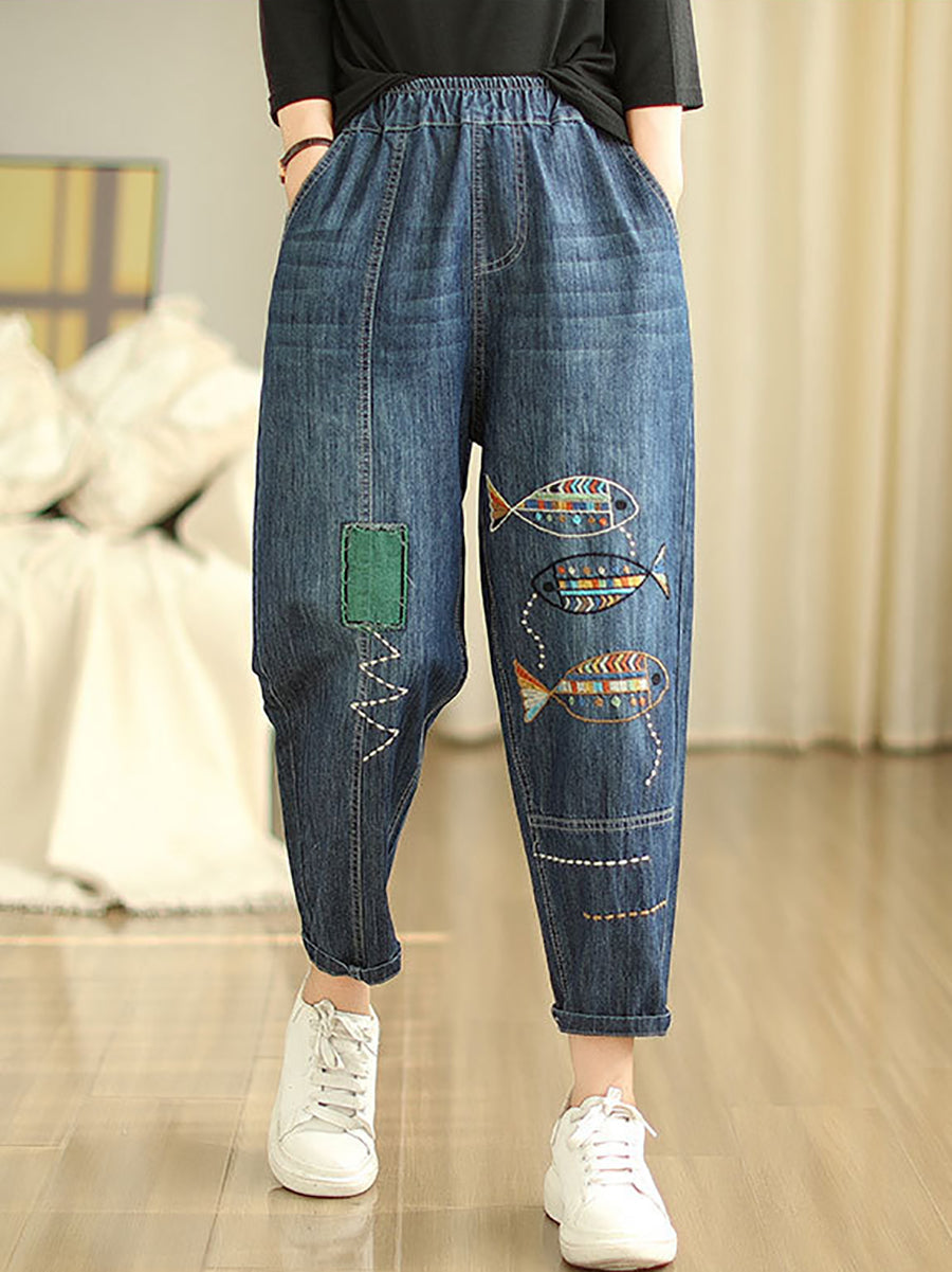 Women Summer Casual Fish Embroidery Denim Harem Pants AS1043