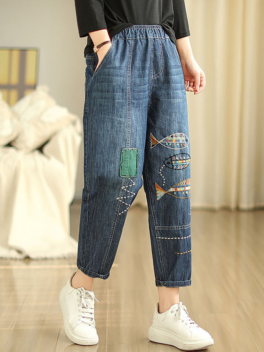 Women Summer Casual Fish Embroidery Denim Harem Pants AS1043