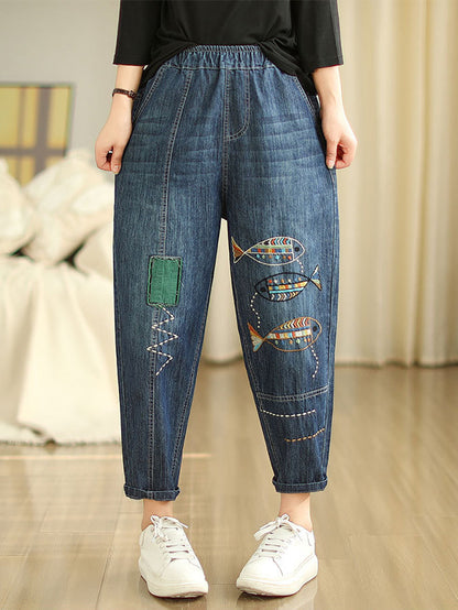 Pantalon sarouel décontracté d'été en denim avec broderie de poisson pour femmes AS1043