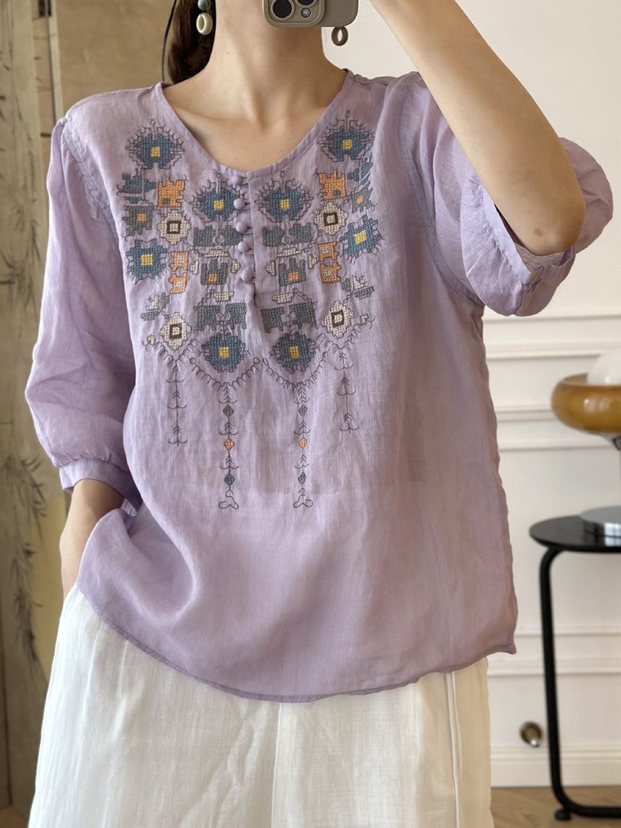 Women Summer Ethnic Embroidery Ramie Shirt AS1047