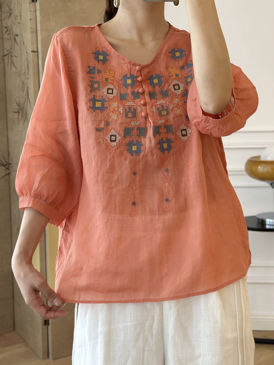 Women Summer Ethnic Embroidery Ramie Shirt AS1047