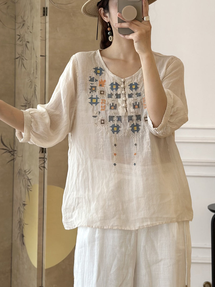 Women Summer Ethnic Embroidery Ramie Shirt AS1047