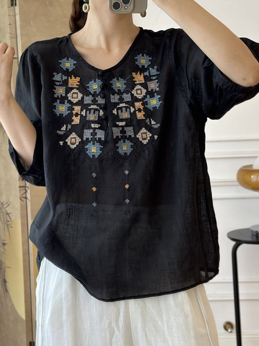 Women Summer Ethnic Embroidery Ramie Shirt AS1047