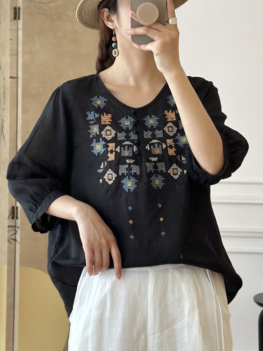 Women Summer Ethnic Embroidery Ramie Shirt AS1047