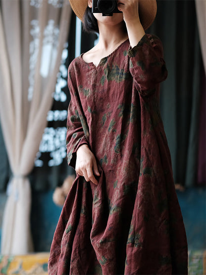 Robe en lin à manches longues et ample à imprimé floral ethnique pour femme AS1058