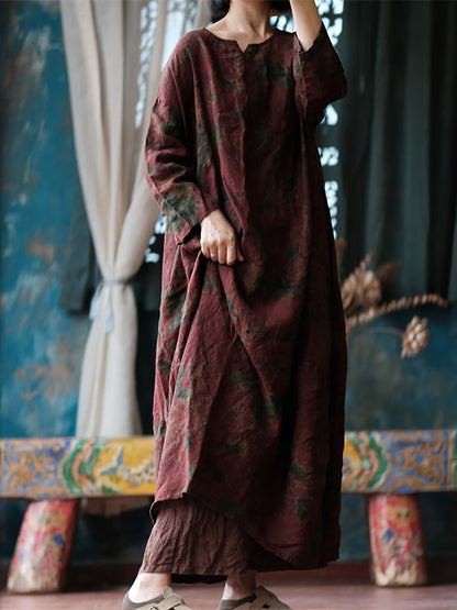 Robe en lin à manches longues et ample à imprimé floral ethnique pour femme AS1058