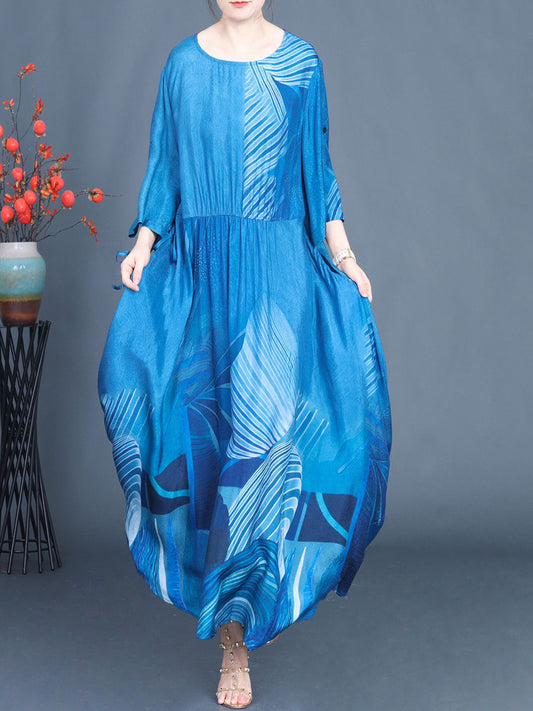 Women Summer Casual Print Blue O-Neck Maxi Dress AS1040