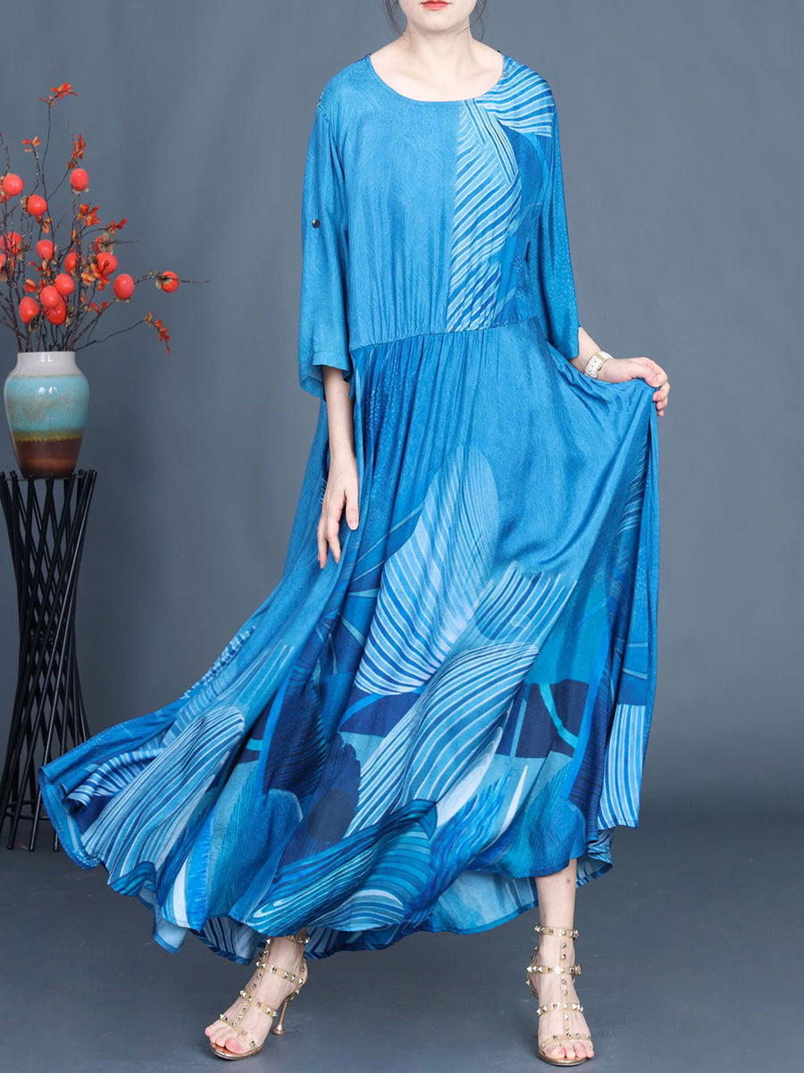 Women Summer Casual Print Blue O-Neck Maxi Dress AS1040