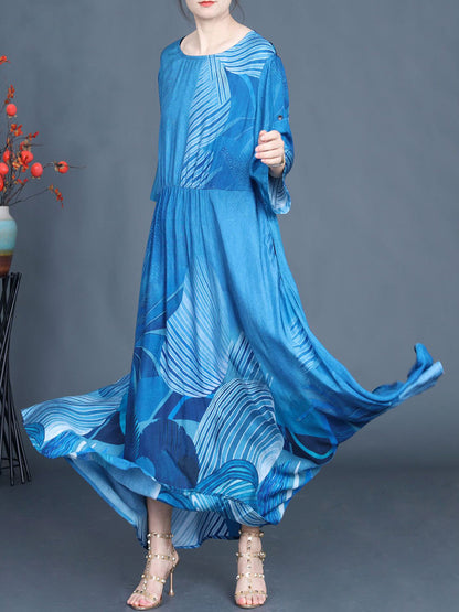 Robe longue d'été décontractée à col rond pour femme, bleue, imprimée, AS1040