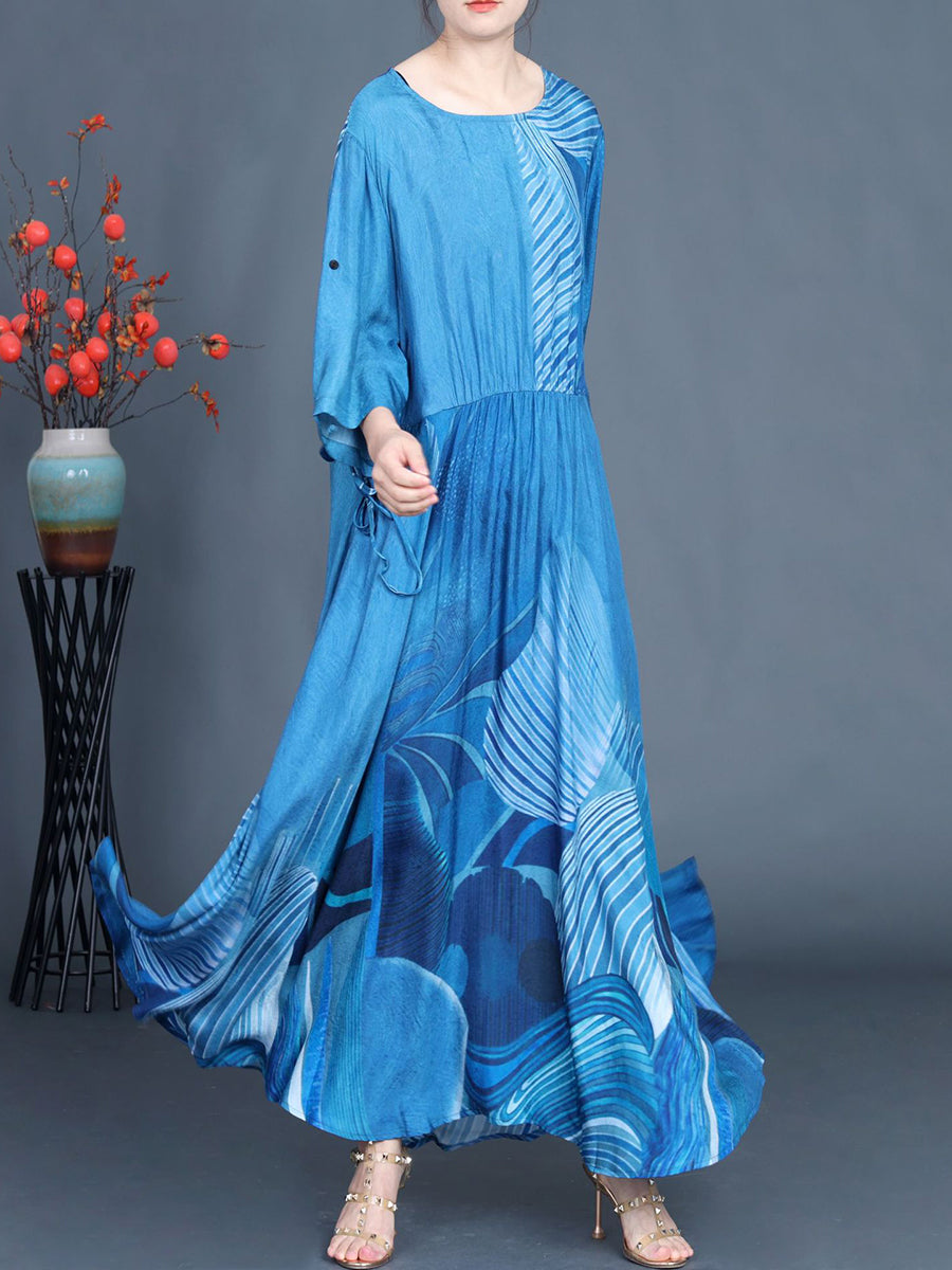 Women Summer Casual Print Blue O-Neck Maxi Dress AS1040