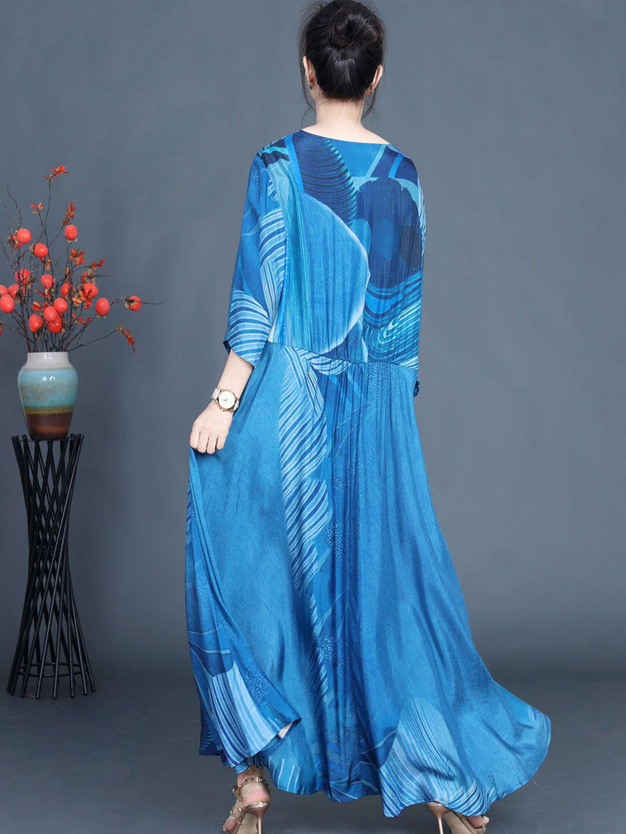 Women Summer Casual Print Blue O-Neck Maxi Dress AS1040