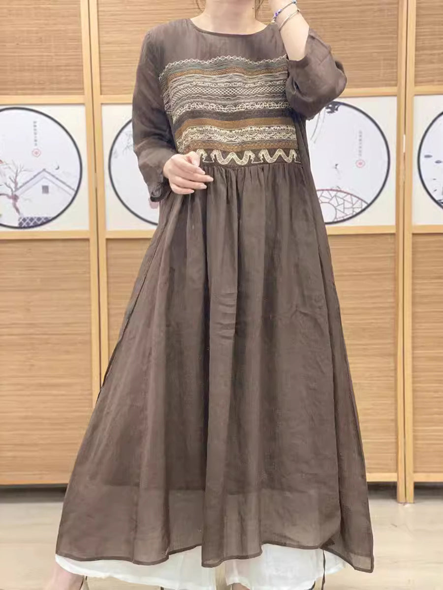 Women Summer Ethnic Spliced O-neck Loose Linen Dress AS1063