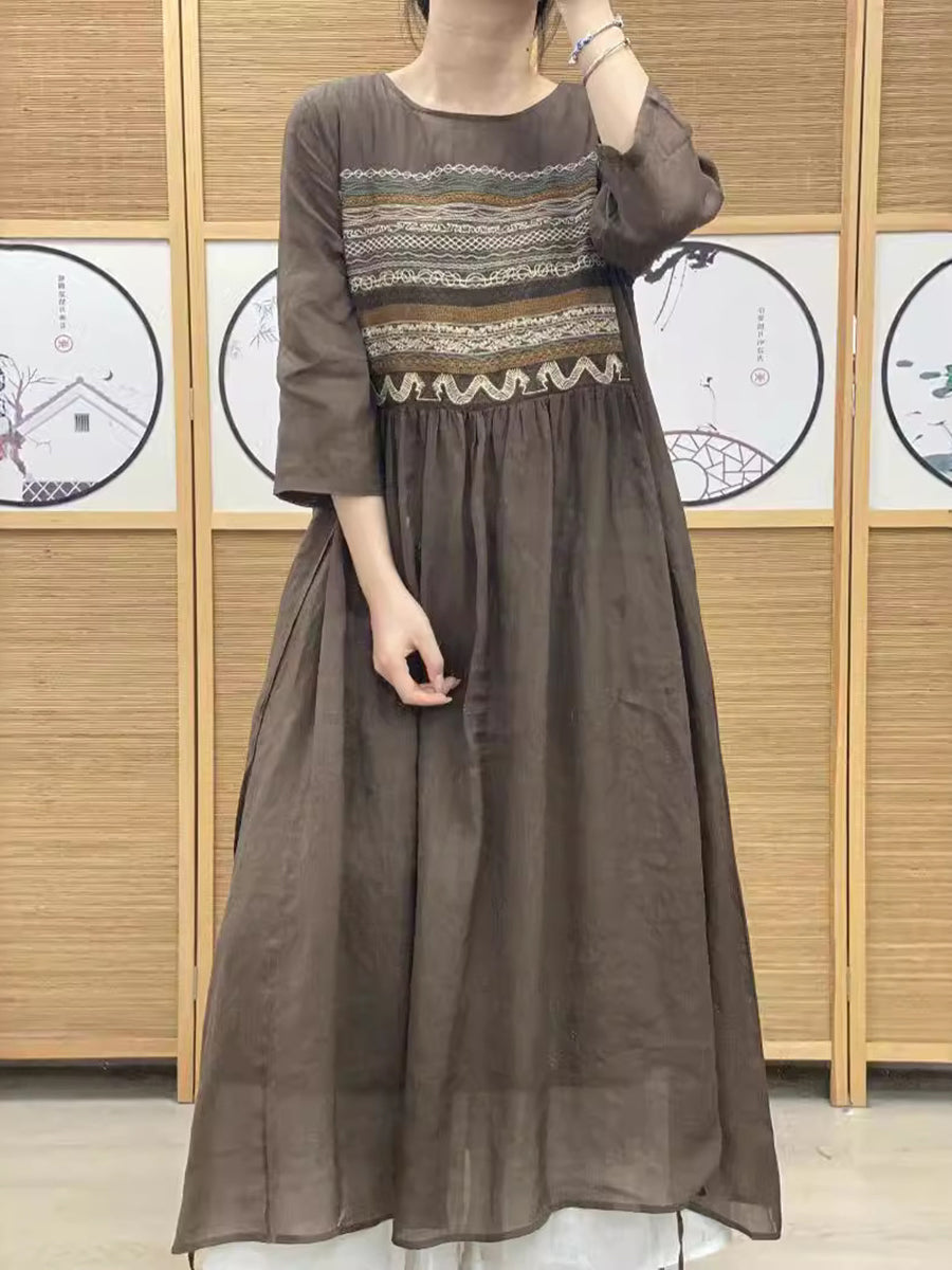 Women Summer Ethnic Spliced O-neck Loose Linen Dress AS1063