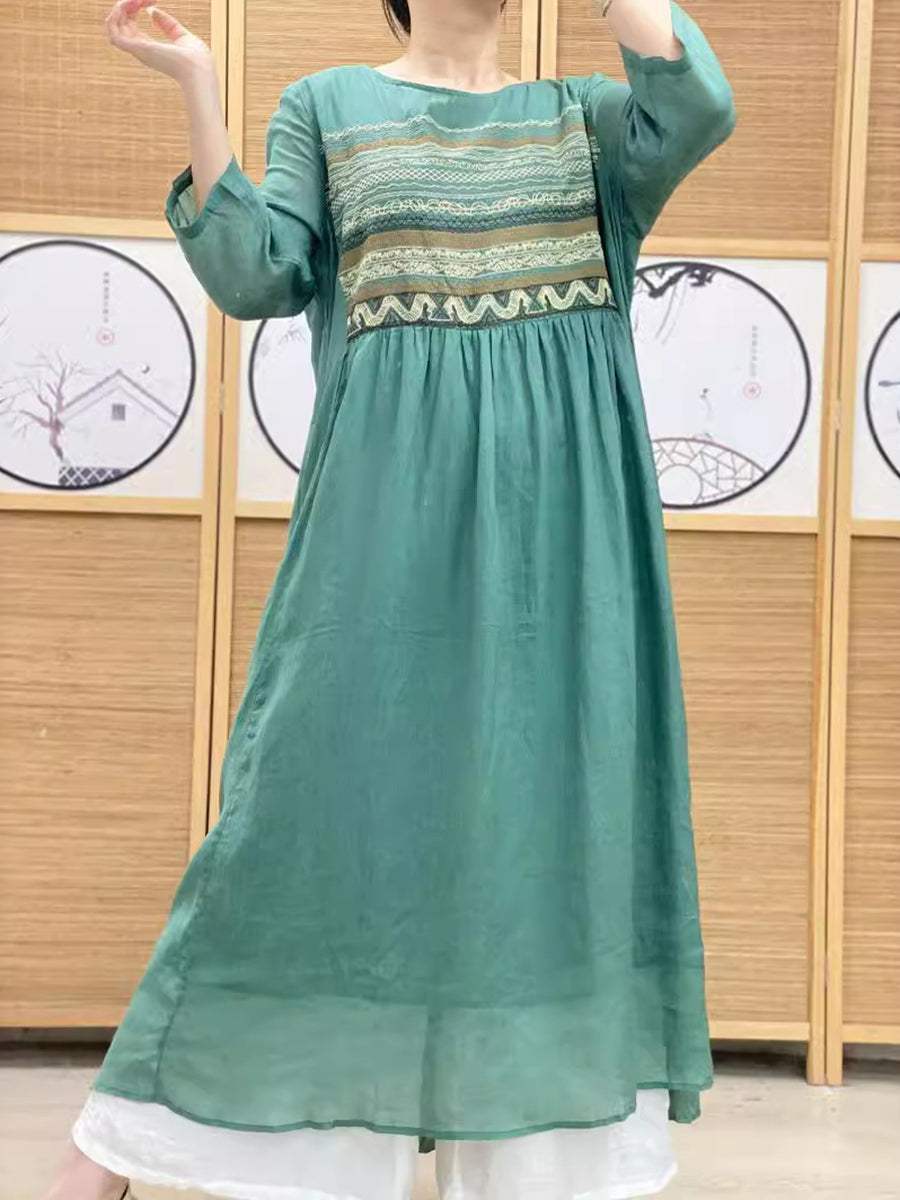 Women Summer Ethnic Spliced O-neck Loose Linen Dress AS1063