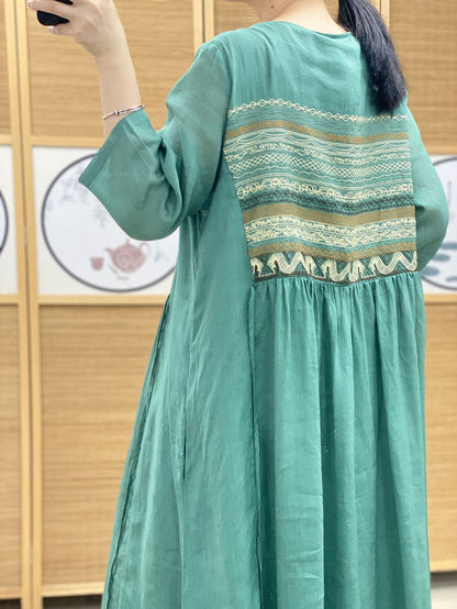 Robe d'été en lin ample à col rond et à épissures ethniques pour femmes AS1063