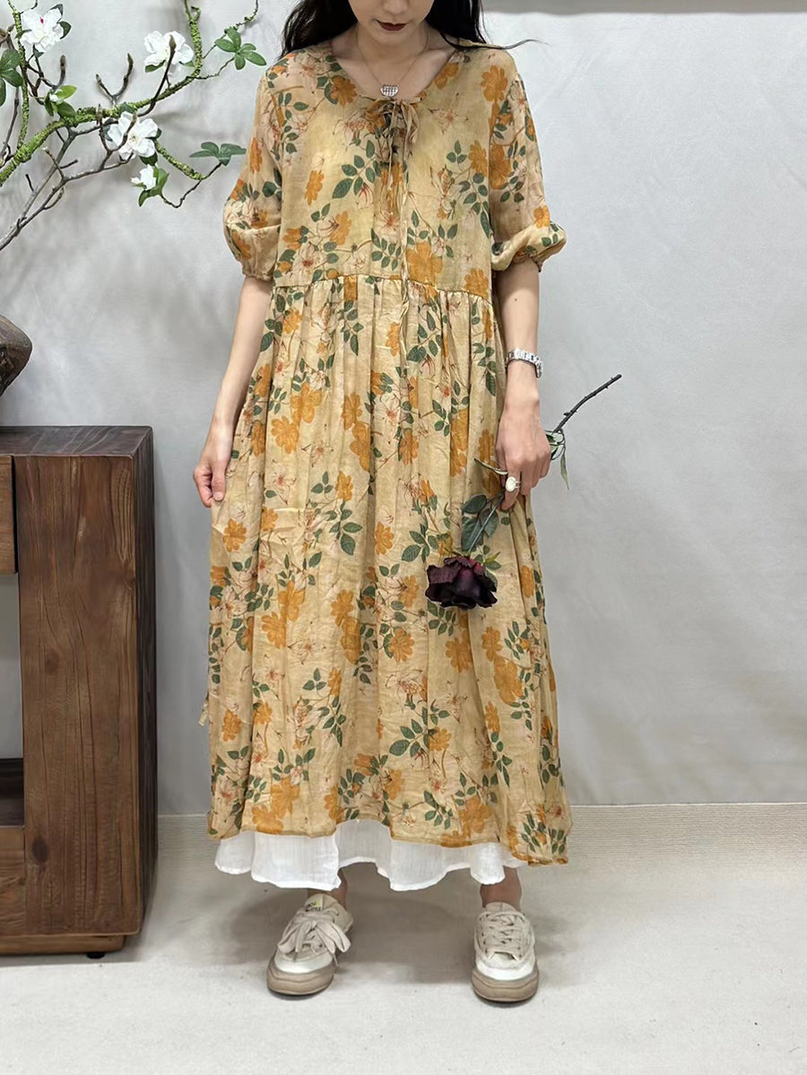 Women Summer Vintage Floral Strap Ramie Loose Dress FG1044