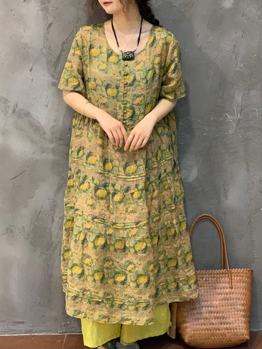 Women Summer Vintage Floral Spliced Ramie Dress FG1014