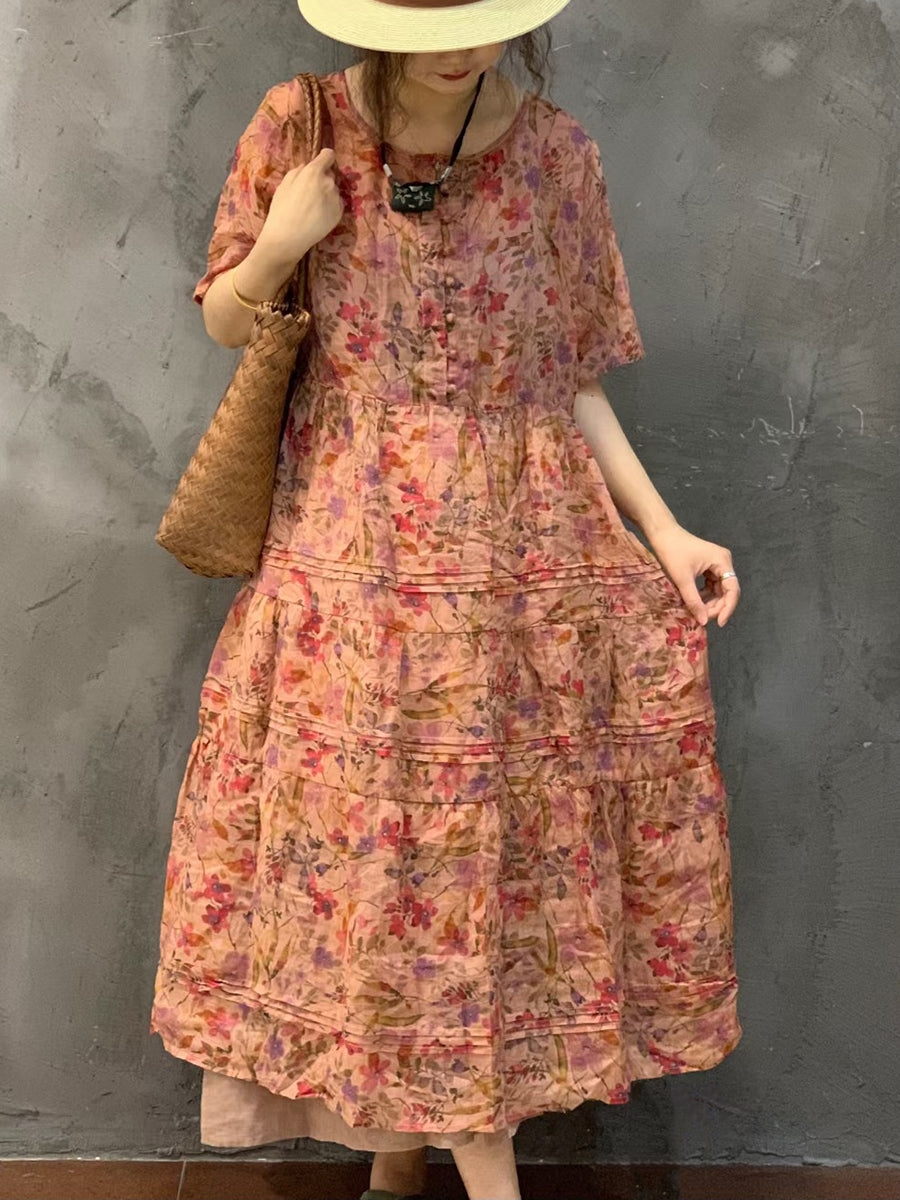 Women Summer Vintage Floral Spliced Ramie Dress FG1014