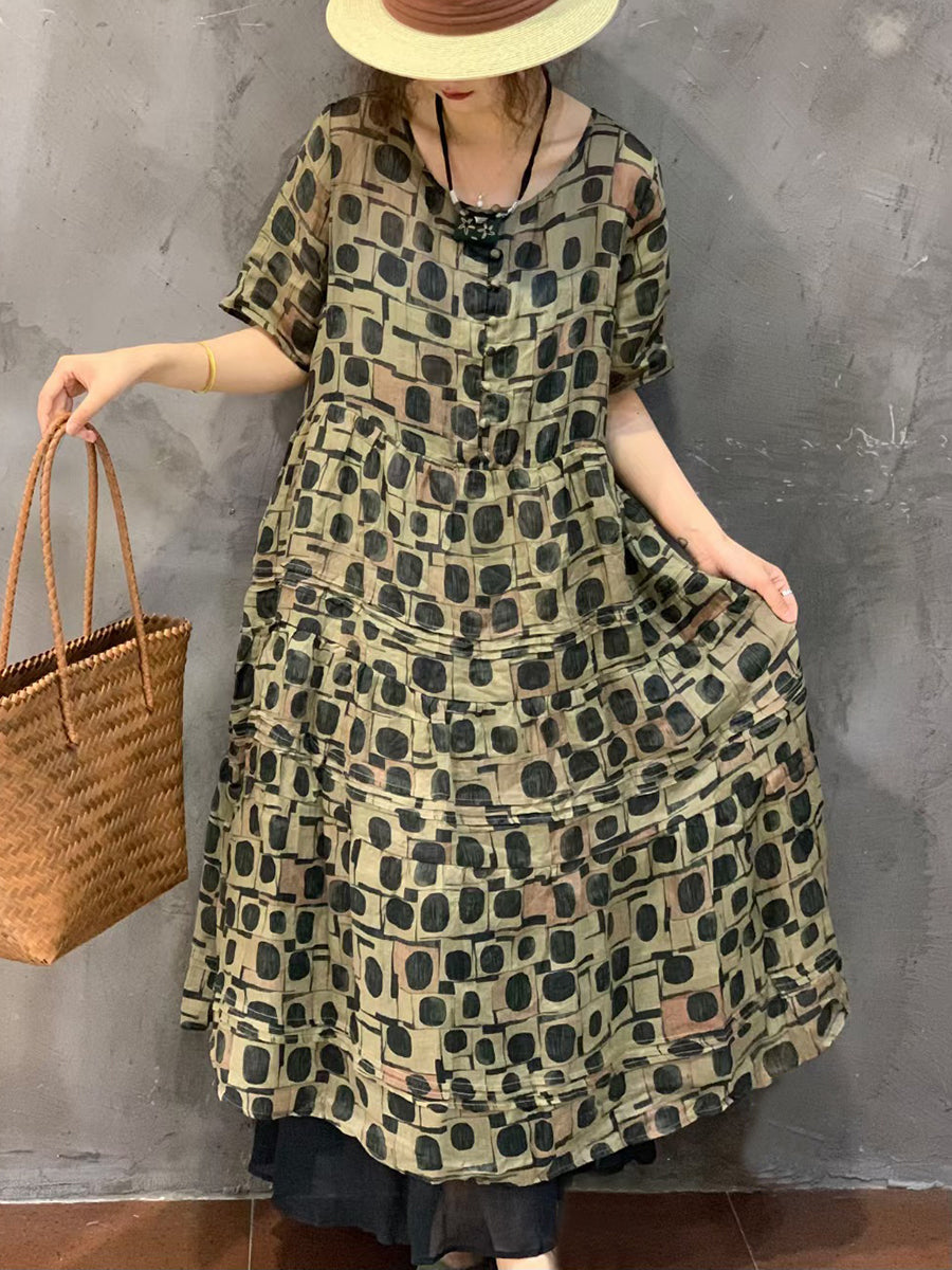 Women Summer Vintage Floral Spliced Ramie Dress FG1014