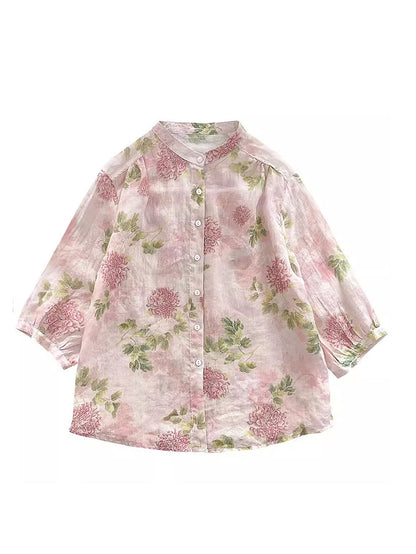 Chemise boutonnée vintage en ramie à fleurs d'été pour femmes FG1033