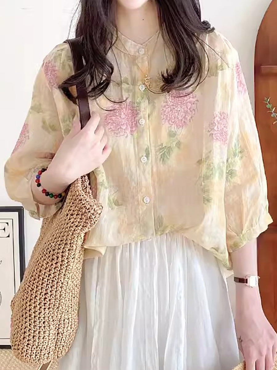 Women Summer Flower Vintage Ramie Button-up Shirt FG1033