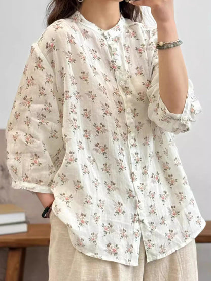 Chemise boutonnée vintage en ramie à fleurs d'été pour femmes FG1033