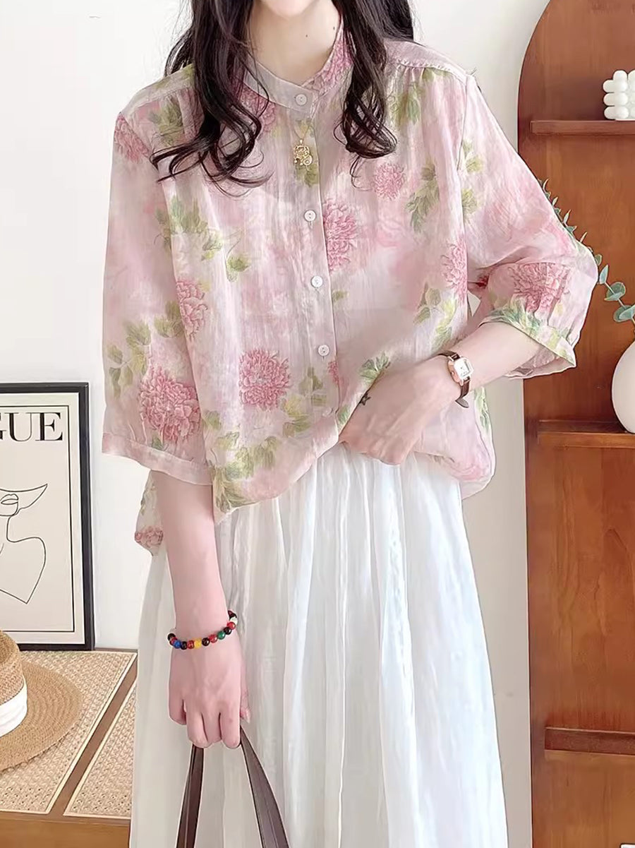 Women Summer Flower Vintage Ramie Button-up Shirt FG1033