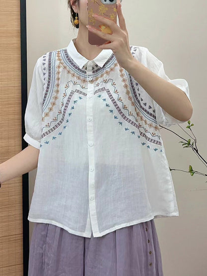 Chemise boutonnée d'été à broderies ethniques pour femmes FG1042