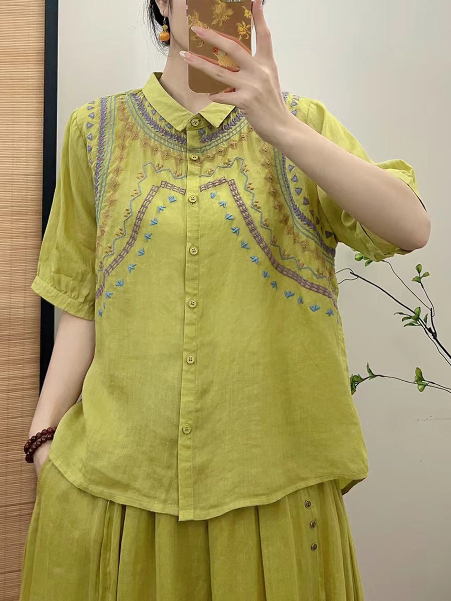 Women Summer Ethnic Embroidery Button-up Shirt FG1042