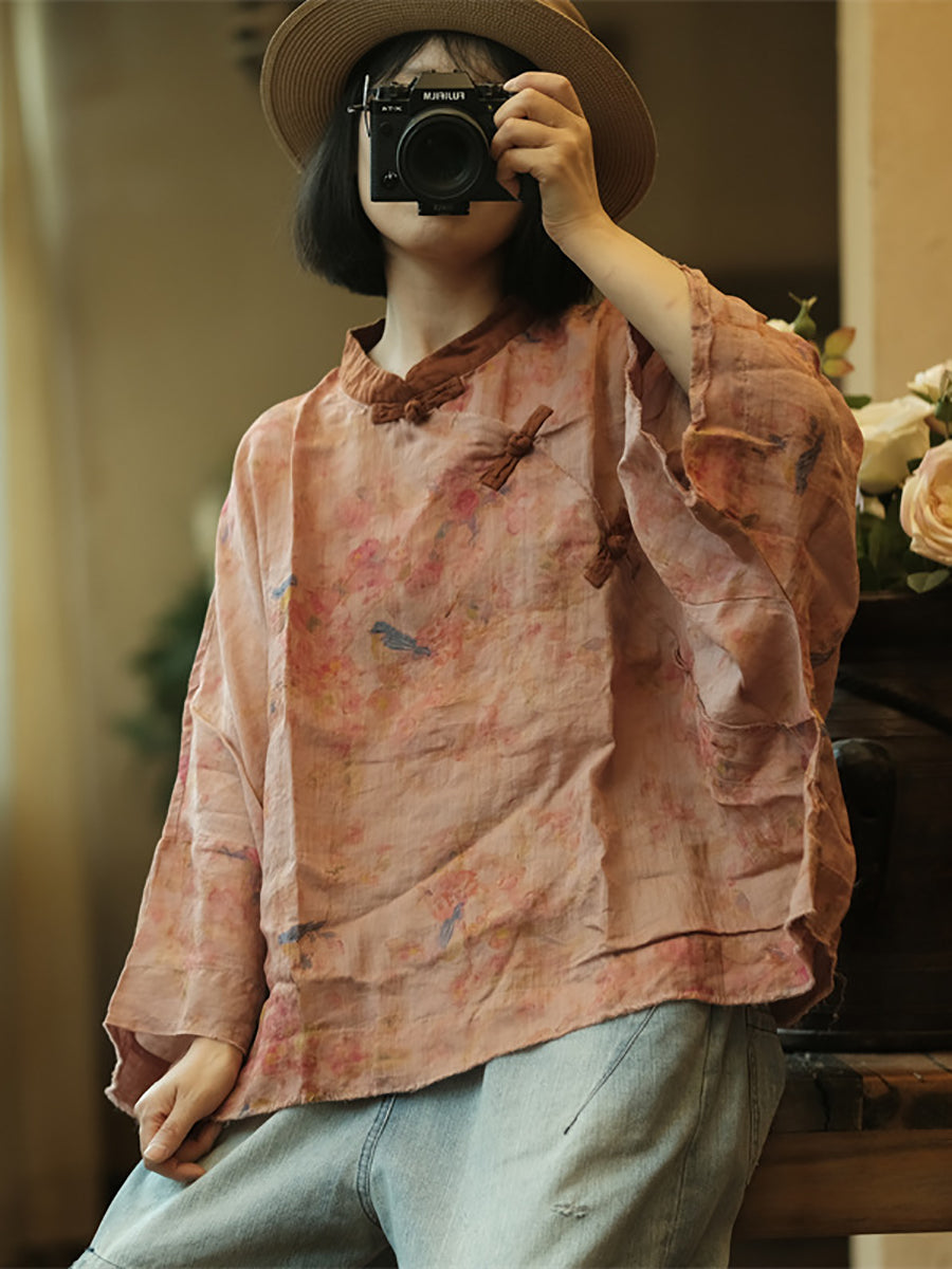 Women Summer Vintage Floral Spliced Ramie Shirt ZZ1017