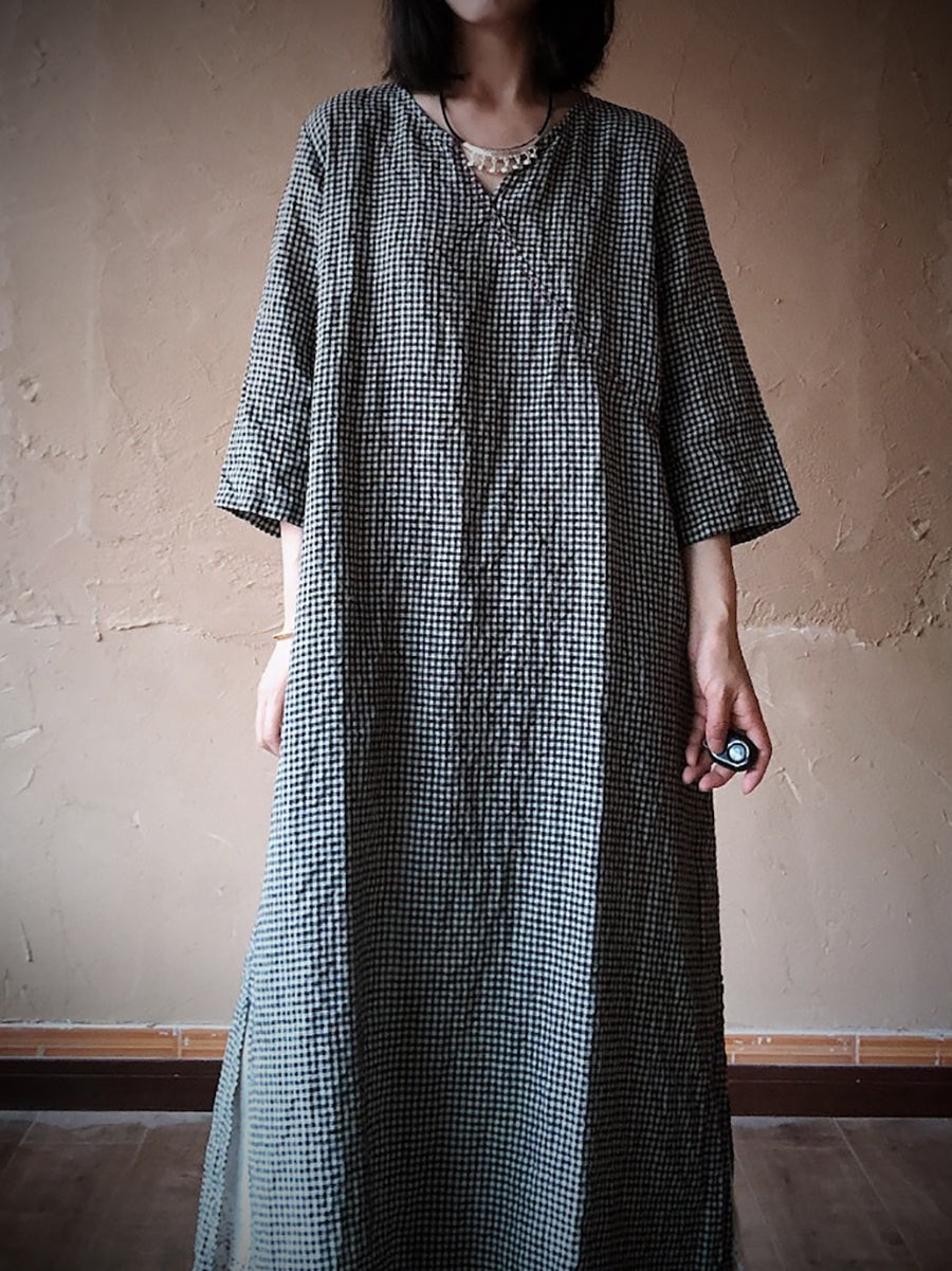 Women Vintage Lattice Summer V-neck Linen Loose Dress ZZ1016